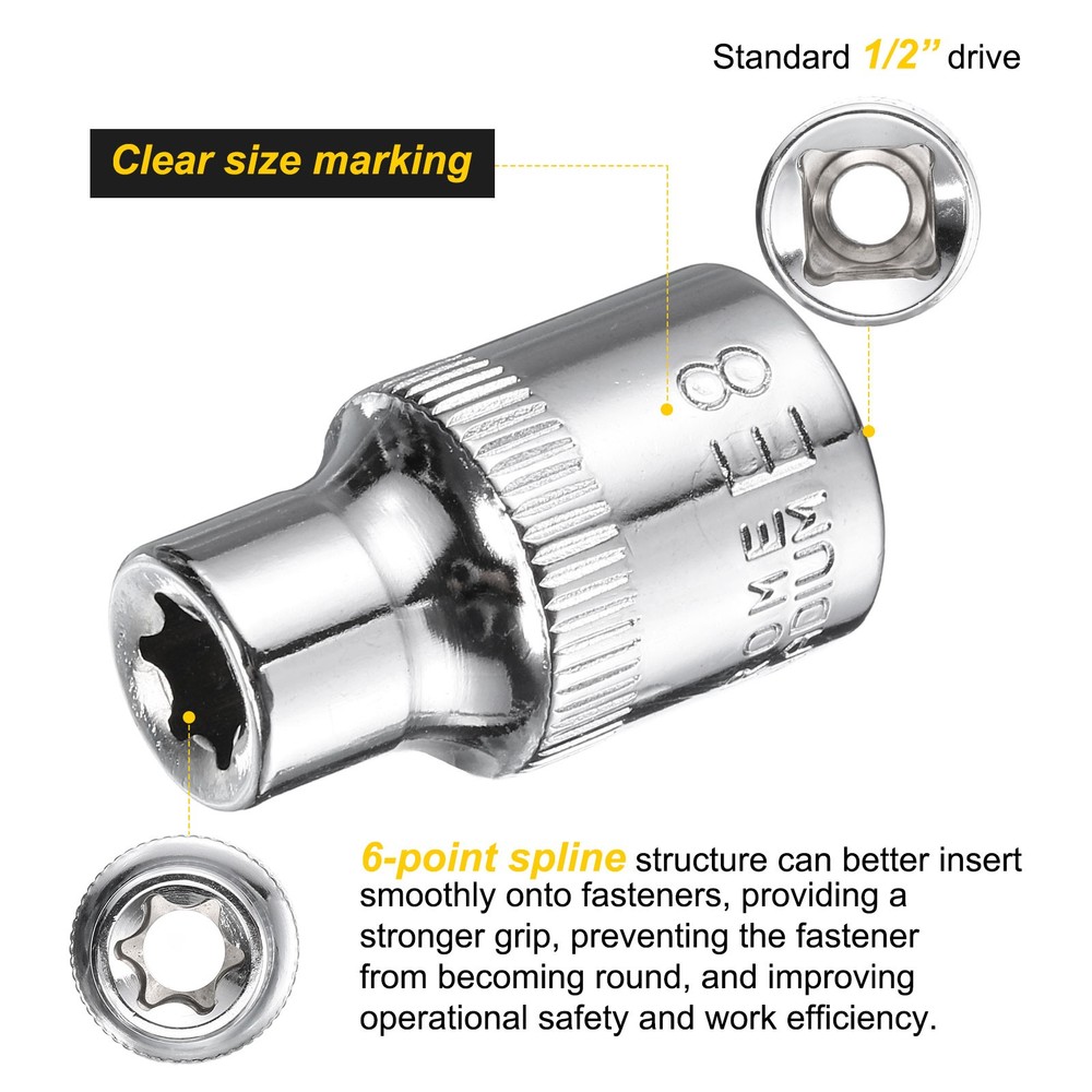 E-Torx Socket 3/8" Drive E8 Star Socket 1.1" Length 6 Point Spline Sleeve
