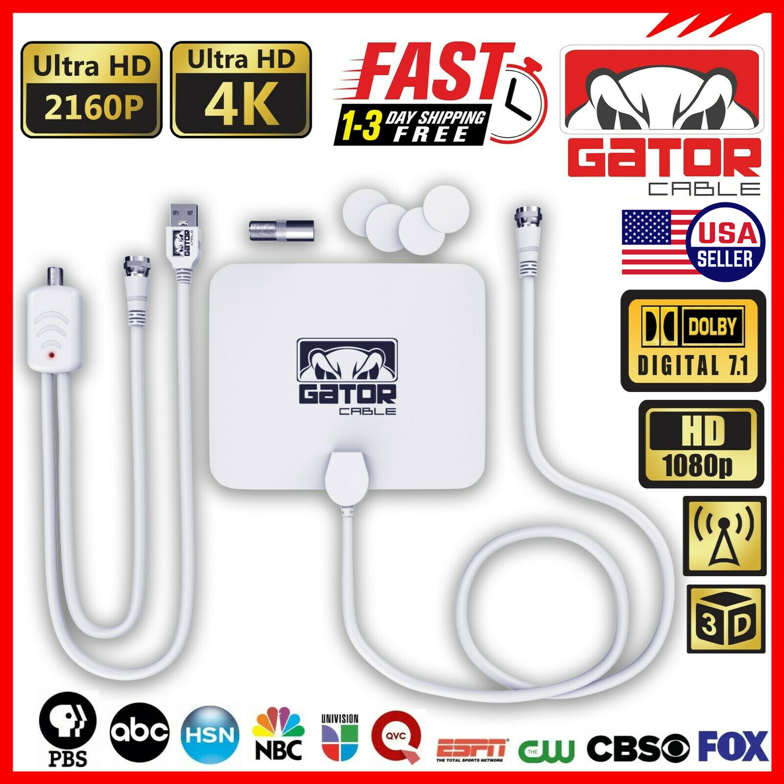 Digital TV Antenna HDTV 4K 1080p Indoor Amplifier 3600 Miles Long Signal Range
