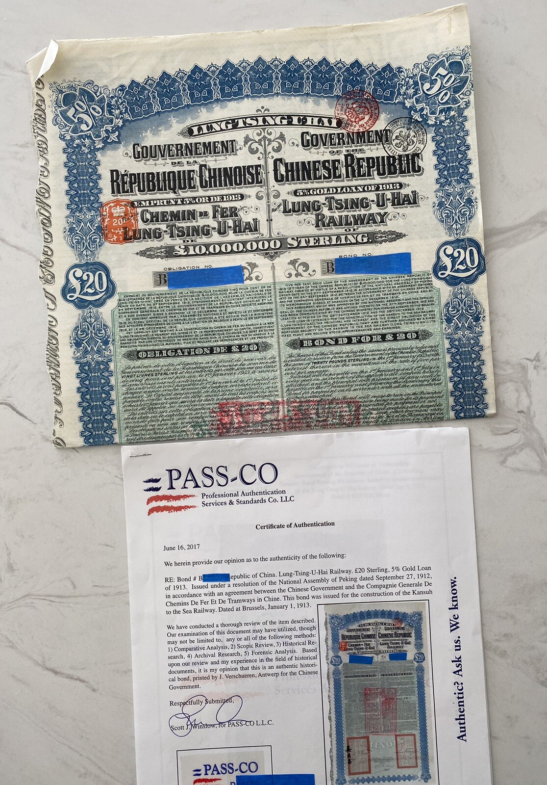 Super Petchili Bonds 1913 Lung Tsing U Hai Coupons with PASS-CO authentication .