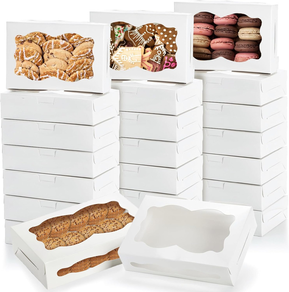 Hiceeden 50 Pack White Cookie Boxes with Window, 8"×5.4"×2" Bakery Candy Box for