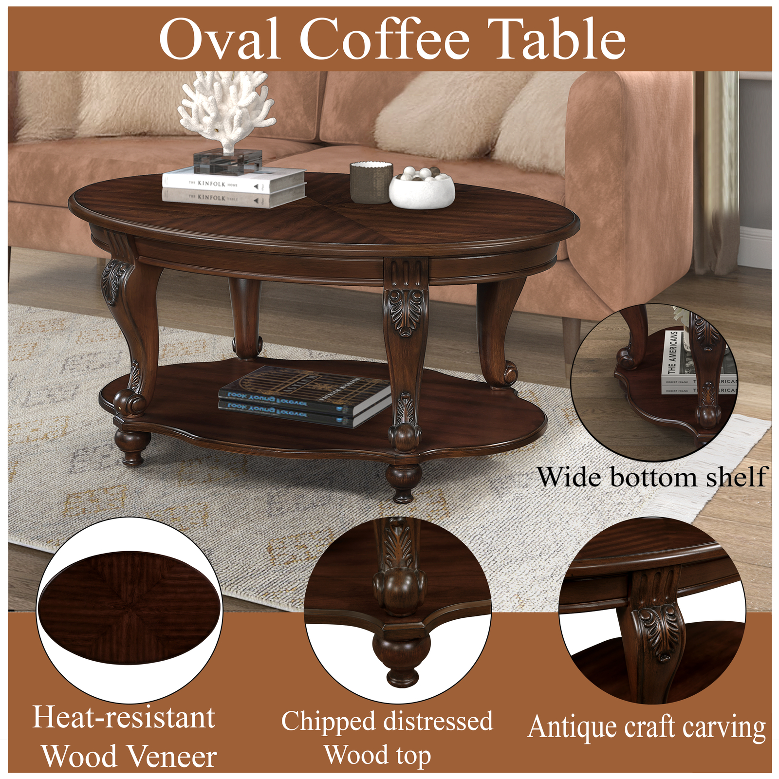 3 Pieces Table Set, Oval Coffee Table and 2 Round End Tables w/2 Tiers Storage