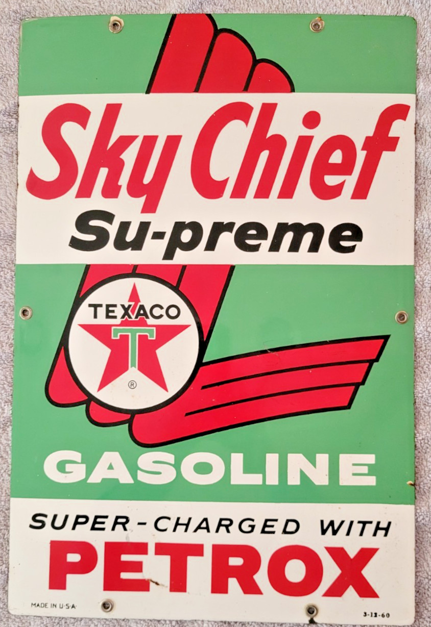 Original 1960 Sky Chief Su-preme Texaco Petrox Porcelain Sign 18" x 12"
