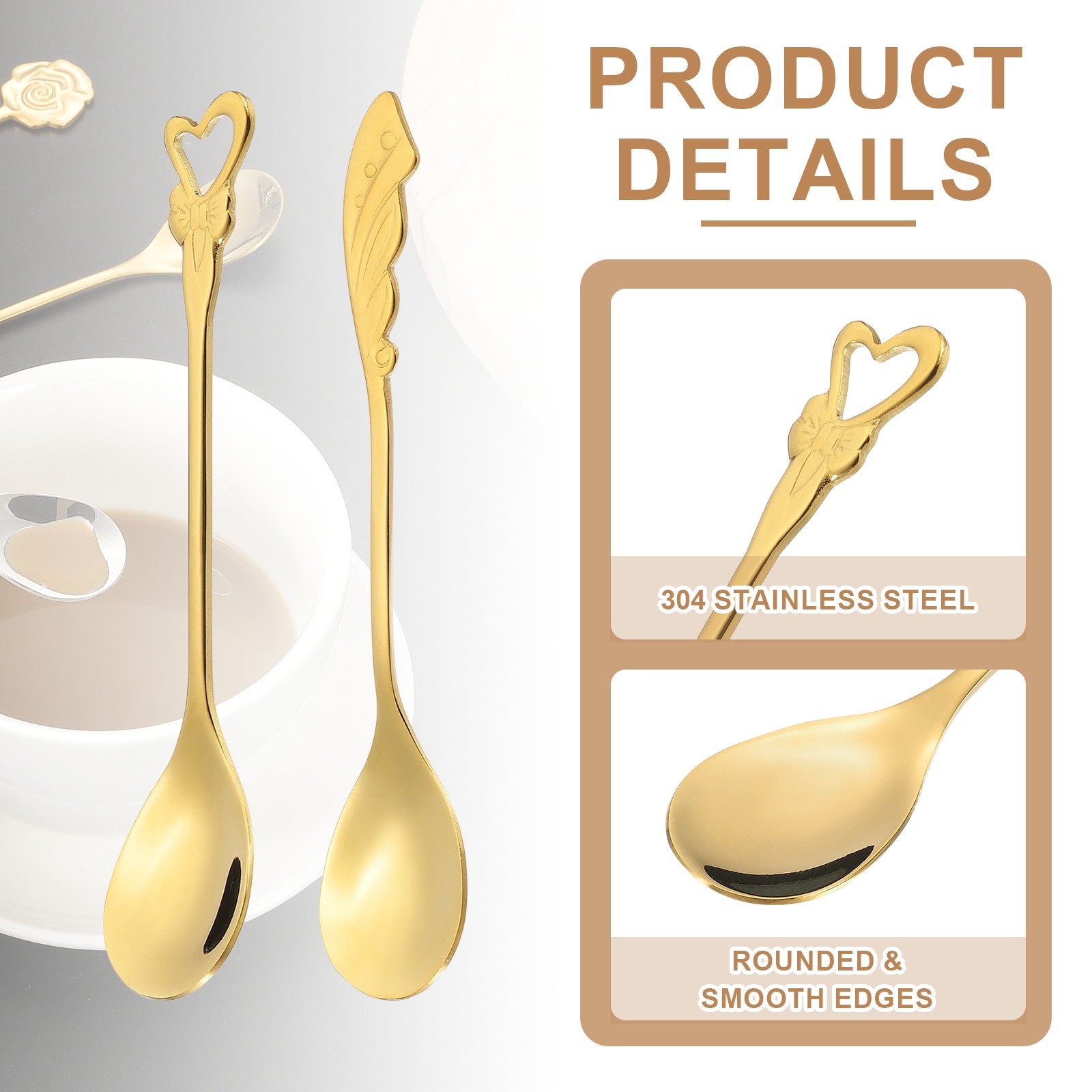 4pcs Coffee Spoons, Heart/Wings Tea Spoons Stainless Steel, Gold