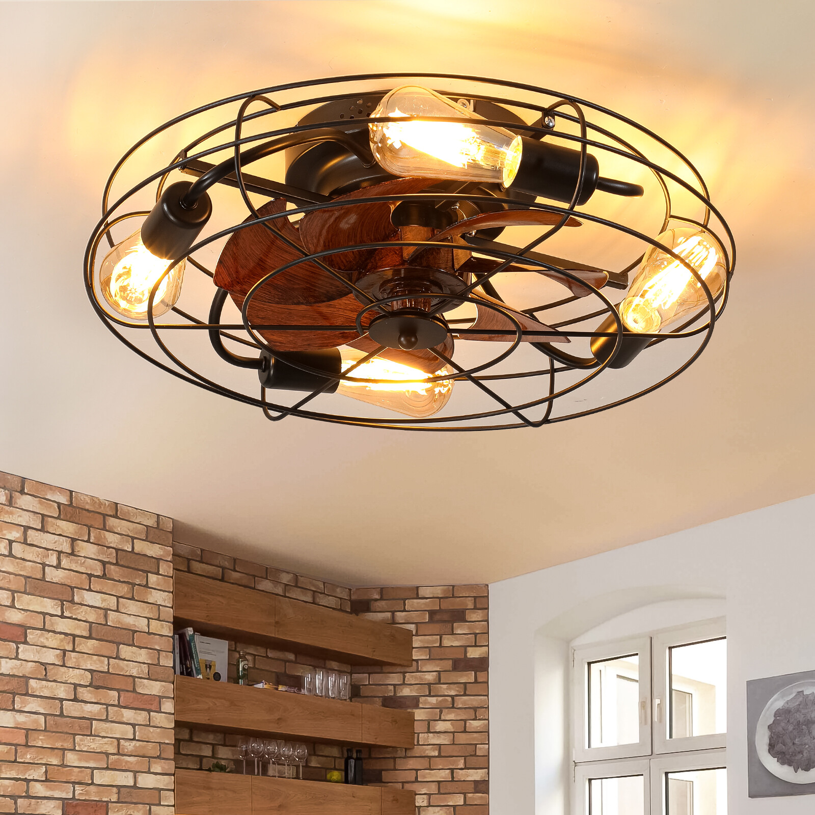 20" Farmhouse Ceiling Fan Light Flush Mount Caged Lights kit With Remote Control