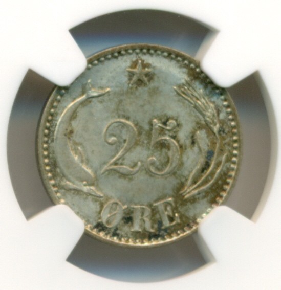Denmark Silver 1891 CS 25 Ore MS65 NGC