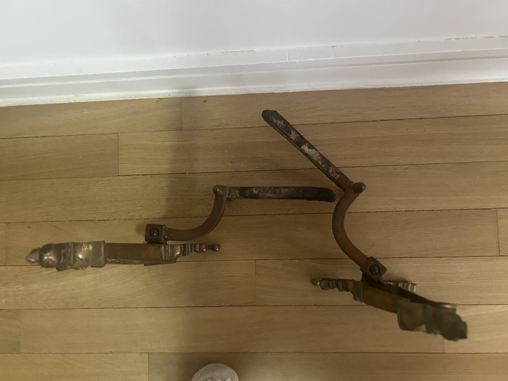 Solid Brass Antique Andirons, About 16" tall; highly ornate