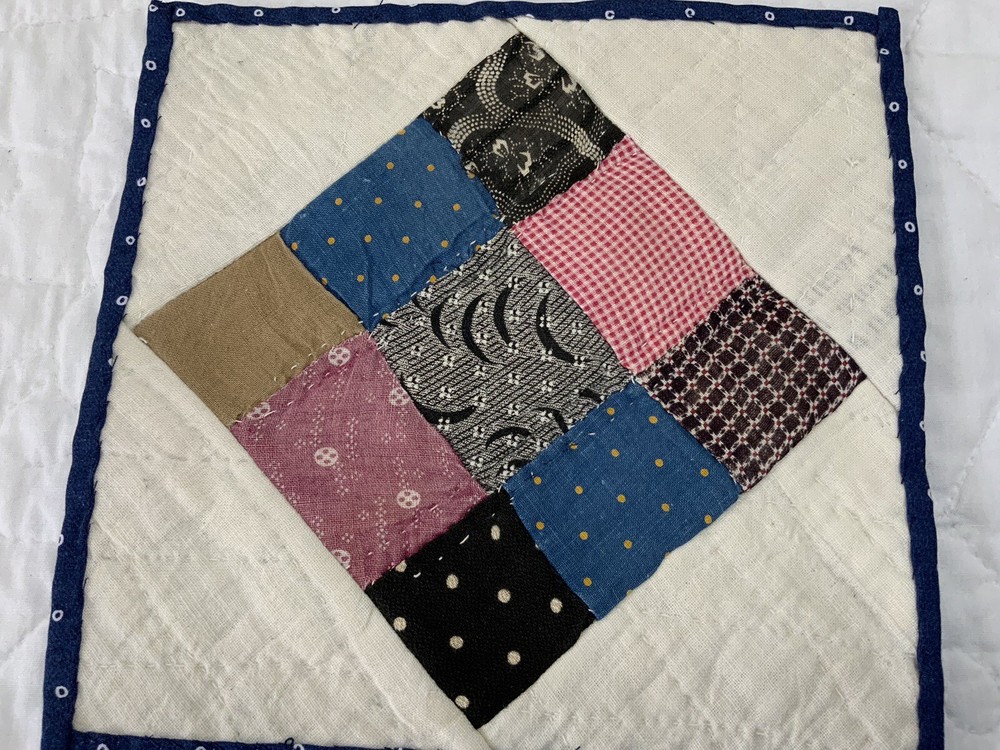 Antique Vintage Patchwork Quilt Table Topper, Nine Patch, Hand Quilted