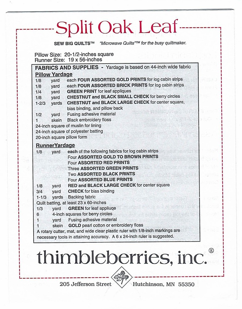 Thimbleberries Split Oak Leaf Pillow & Runner Pattern 1996 LJ92255 FREE USA SHIP