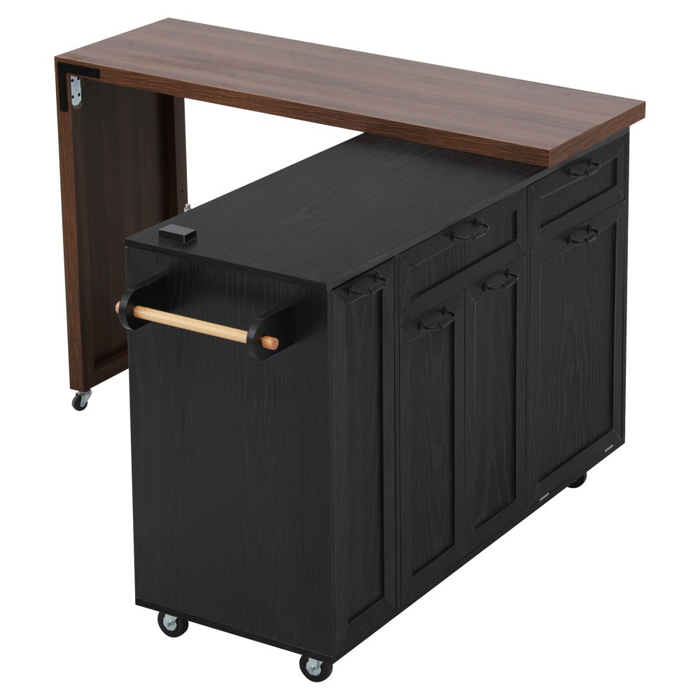 Rolling Kitchen Island with Extendable Dining Table Concealed Trash Storage