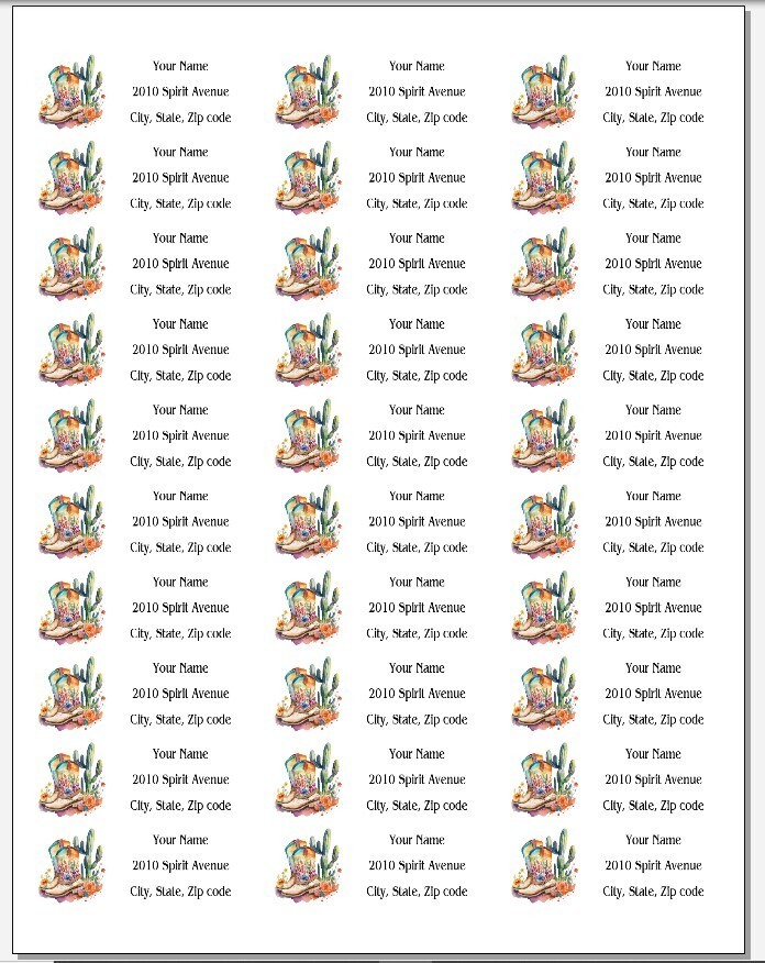 150 Boots Western Cactus Mailing Return Address Labels Personalized