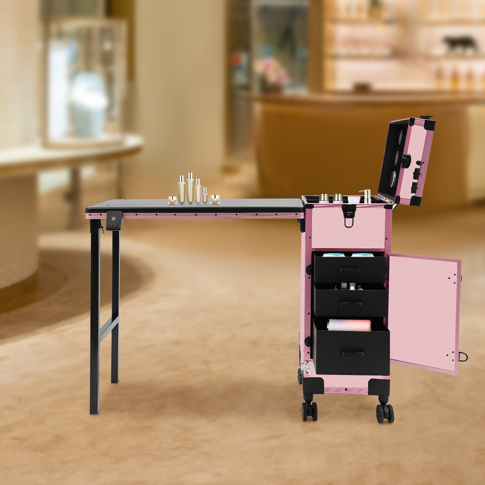 Movable Makeup Case W/Foldable Beauty Table and Makeup Mirror For Makeup Artists