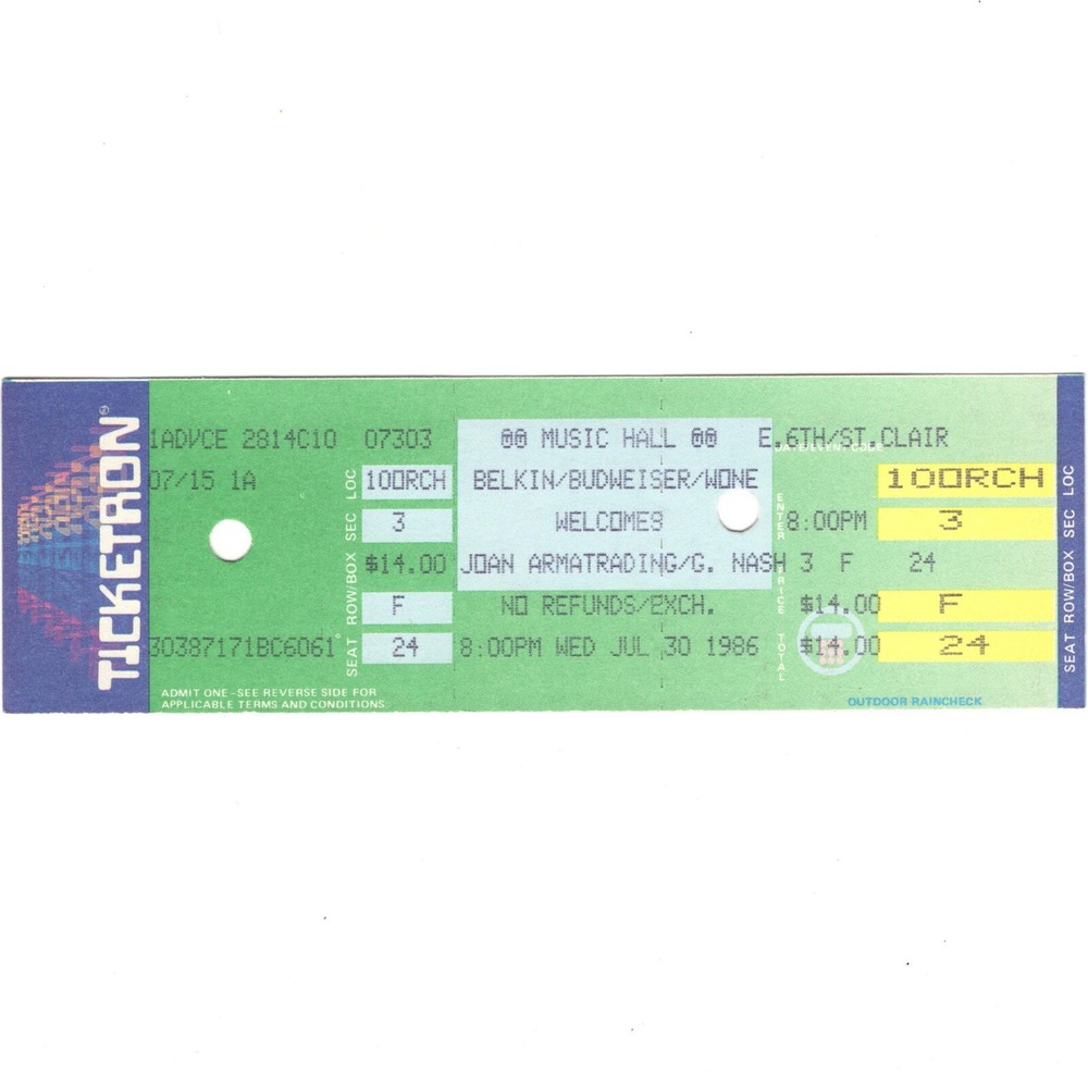 JOAN ARMATRADING & GRAHAM NASH Concert Ticket CLEVELAND 7/30/86 MUSIC HALL CSN