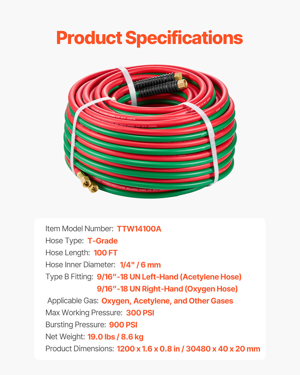 Oxygen Acetylene Hose 1/4-Inch x 100FT T Grade Hose 300PSI Max Working Pressure