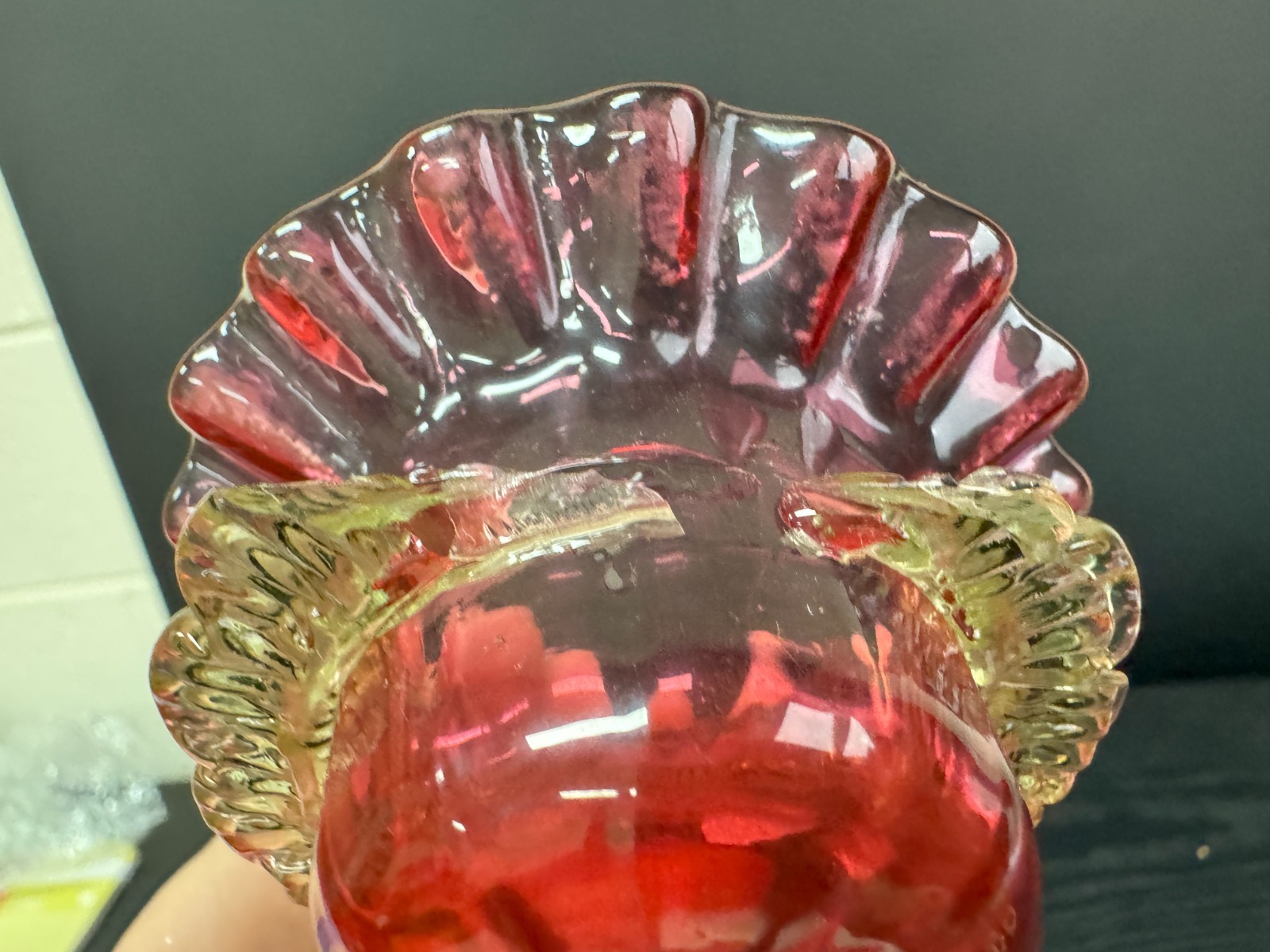 Uranium Glass Cranberry Vaseline Ruffle Open Salt Cellar Antique Victorian Era