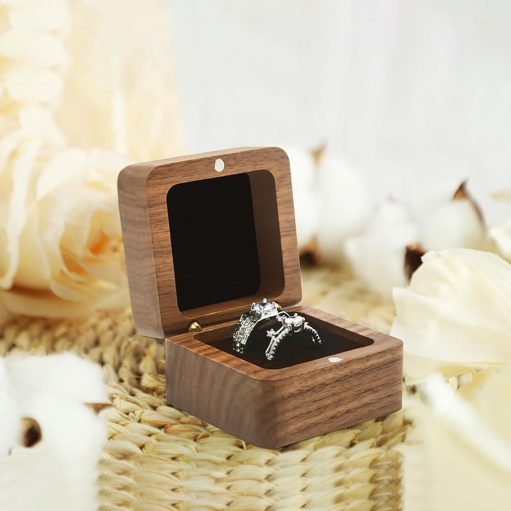 Wooden Ring Box Wedding Ceremony 2 Slots,Small Square Solid Wood Double Ring