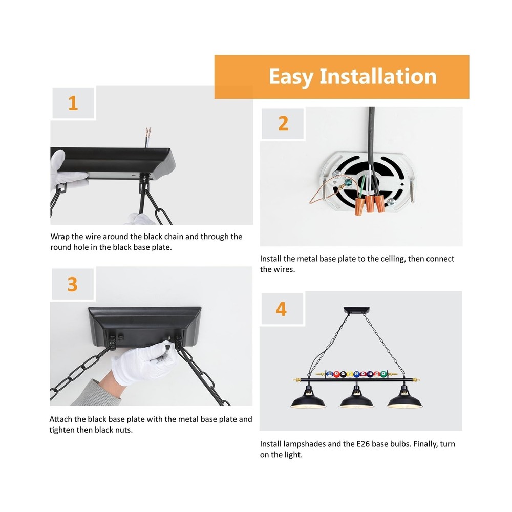 3-Light Billiard Pool Table Lights Hanging Over Pool Table, for 7'-8' Table w...