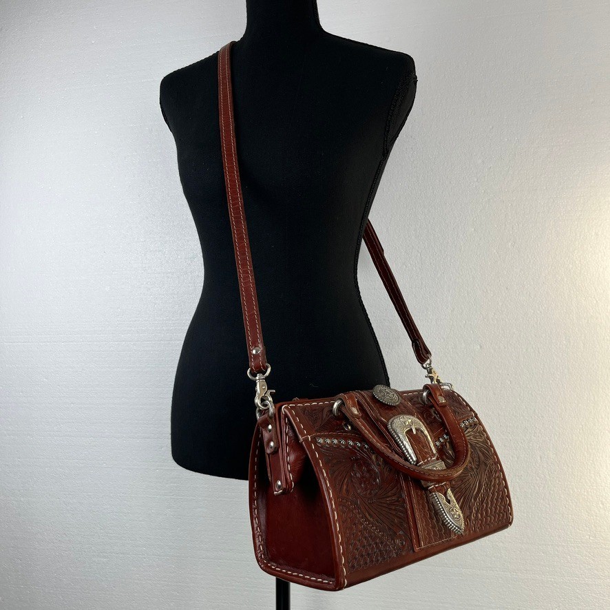 American West Tooled Leather Western Satchel Concho Crossbody Bag Cowgirl