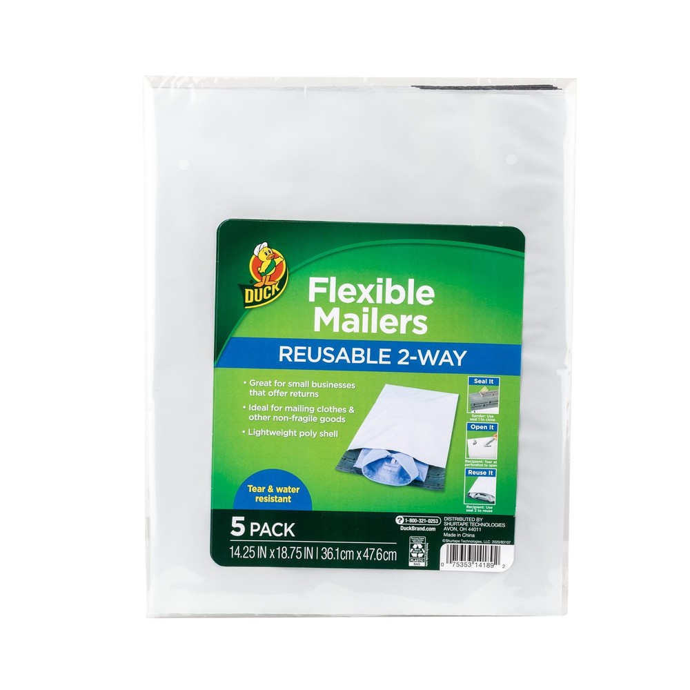 Self-Seal Reuseable Poly Flexible Mailer, 14" X 18", 5 Pack Package Clothes Ship