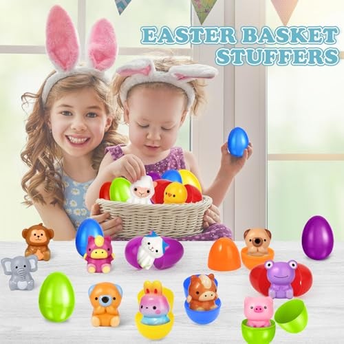 24 Pack Easter Eggs Filled with Animal Squeeze Toys, Easter Basket Stuffers