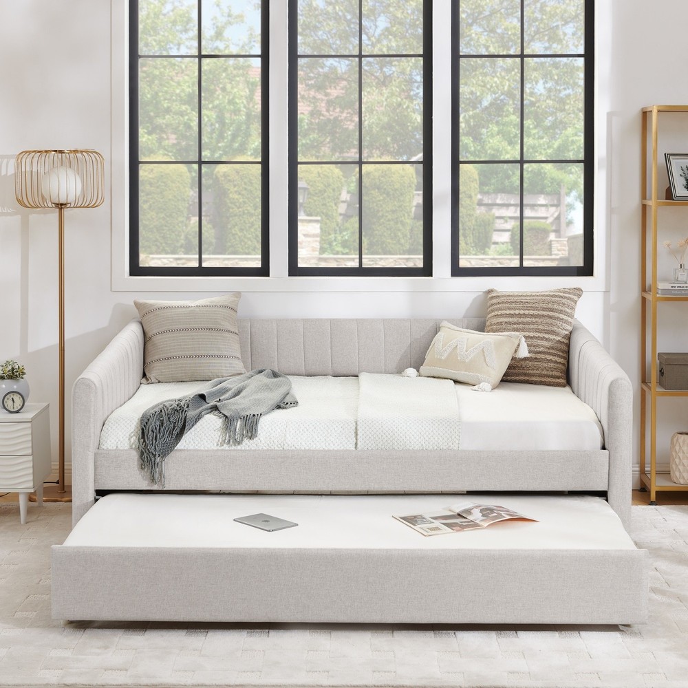 Full Daybed Modern Linen Upholstered Bed Frame Sofa Bed w/ Pull-Out Trundle