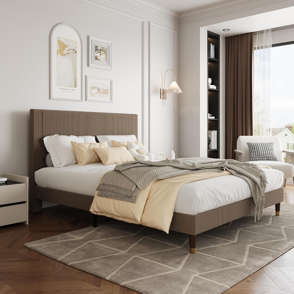 Queen Size Upholstered Bed Frame,Brown Platform Bed with Modern Fabric Headboard
