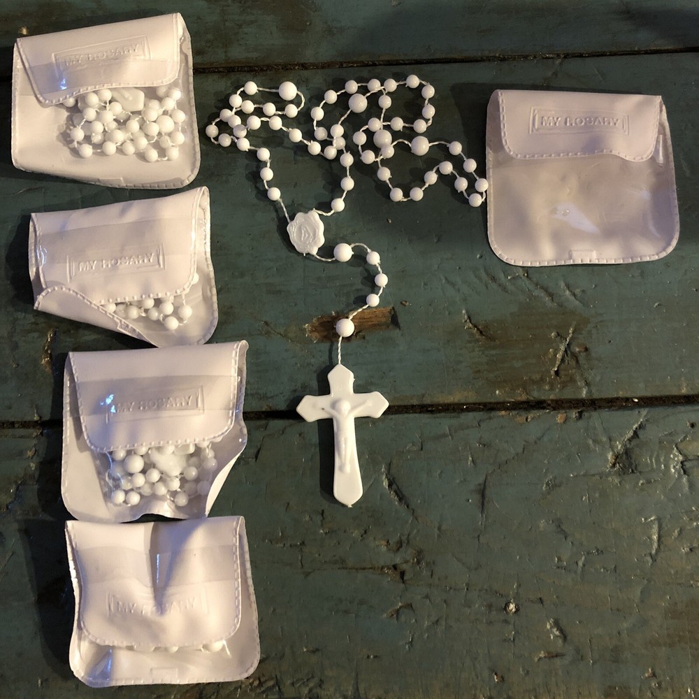 5 PLASTIC ROSARIES WHITE ROSARY LOT