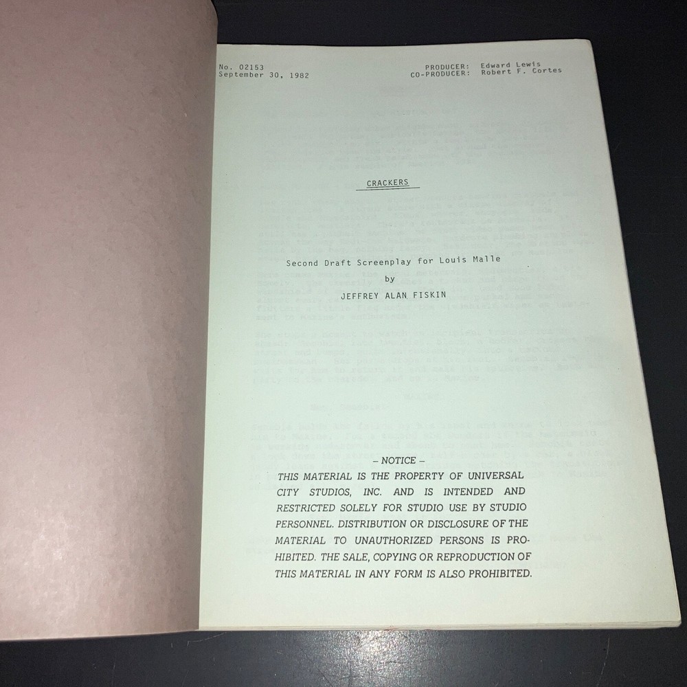 CRACKERS (9/30/82) Louis Malle Second Draft Production Script + COA!
