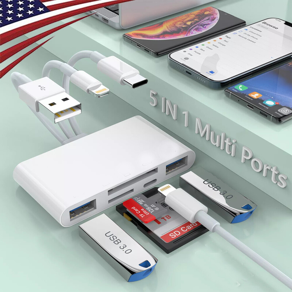 5 in 1 USB SD TF Card Reader Camera Adapter For iPhone 17 16 15 14 13 12 Pro Max