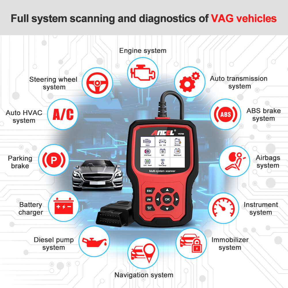 Ancel VD700 All System Diagnostic ABS SRS DPF Oil Car OBD2 Scanner Code Reader
