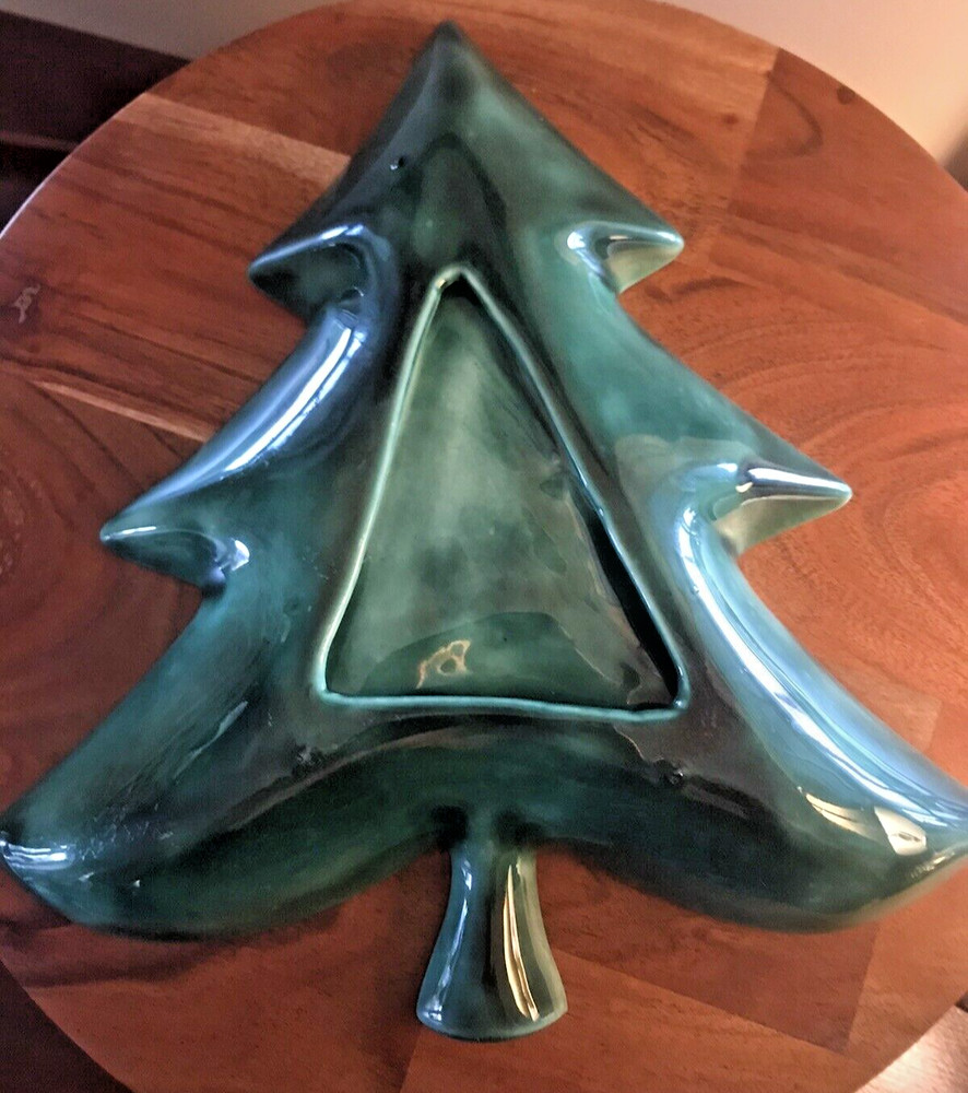 Vintage Green Ceramic Christmas Tree Shaped Candy and Nut Dish 9"
