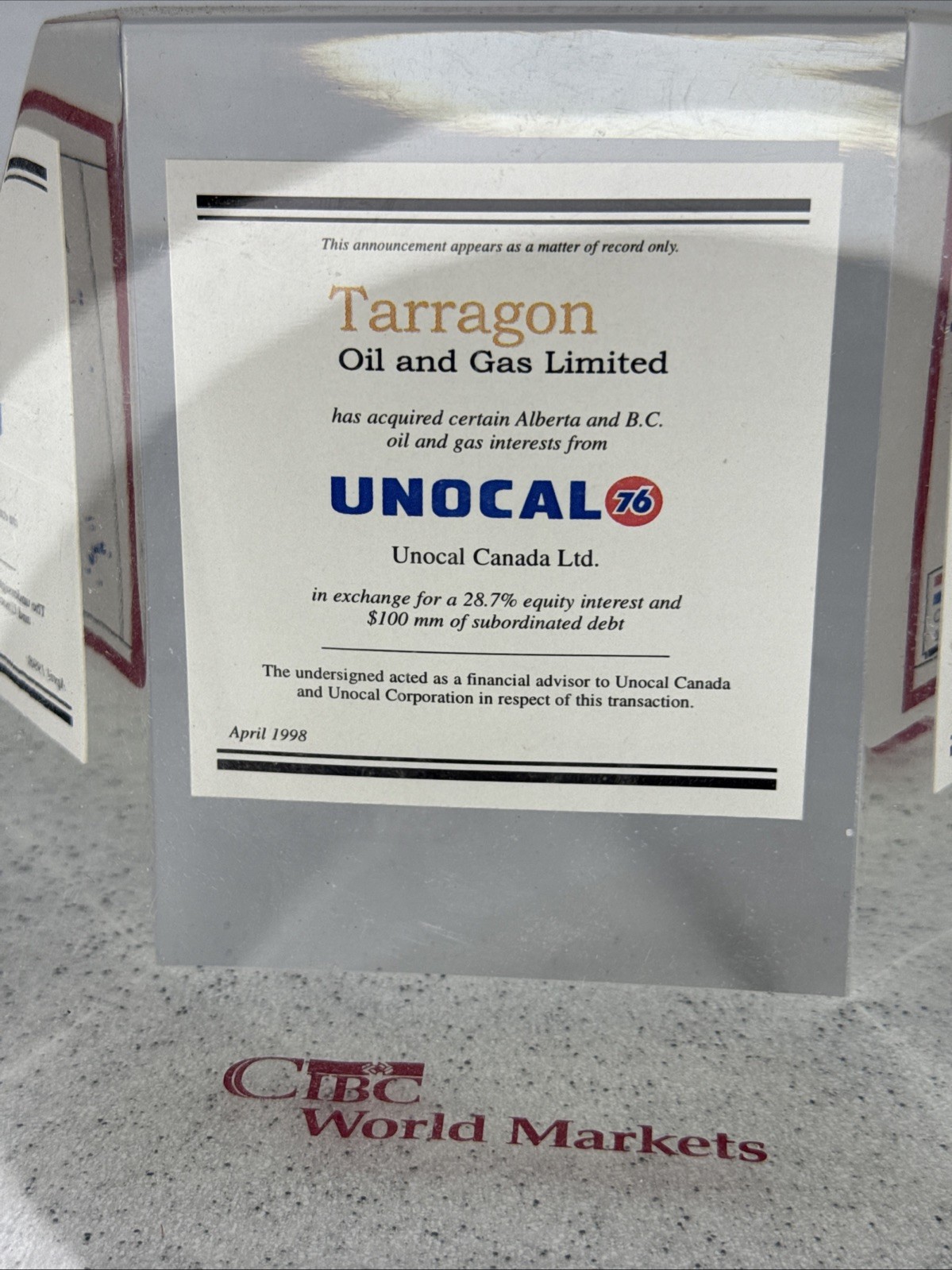 Acrylic Lucite Union 76 Oil Unocal Canada Ltd April 1998 Tarragon Oil & Gas