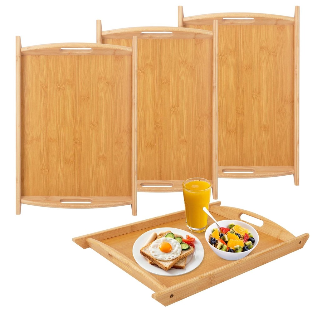 Geytetqi 4 Pack 17.3 Inch Large Bamboo Serving Tray with Handle, Decorative B...