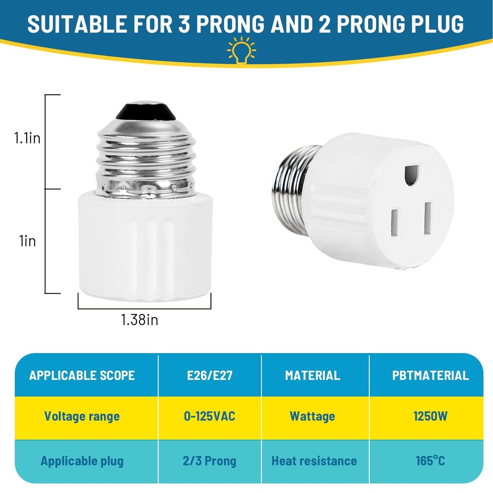 ENATECLITE 3-Prong Light Socket to Plug Adapter,E26/E27 black