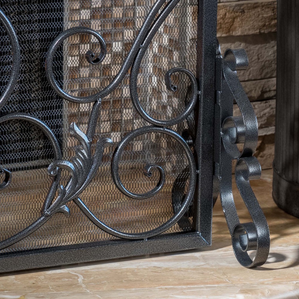 Black Silver Fireplace Screen Panel Stand Wrought Iron Mesh Victorian Scrollwork