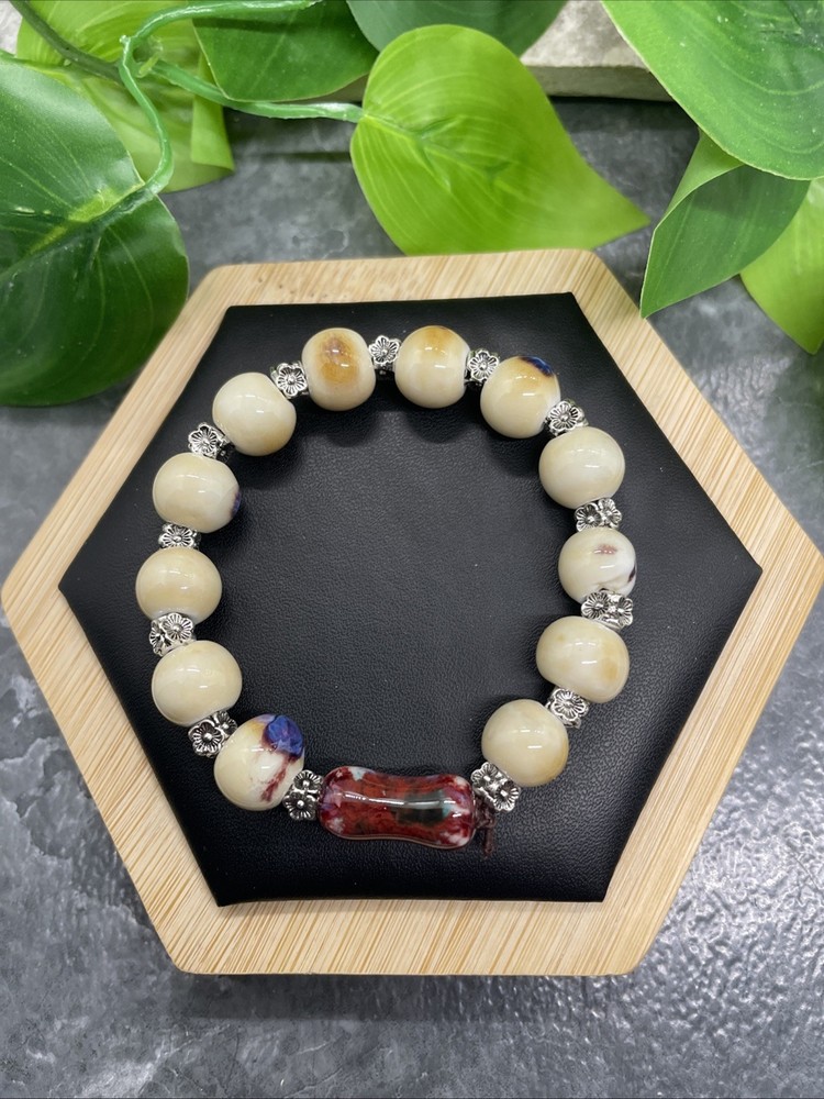 Handmade Ceramic Bead Beaded Stackable 6.25” Plus Stretch Bracelet New B242