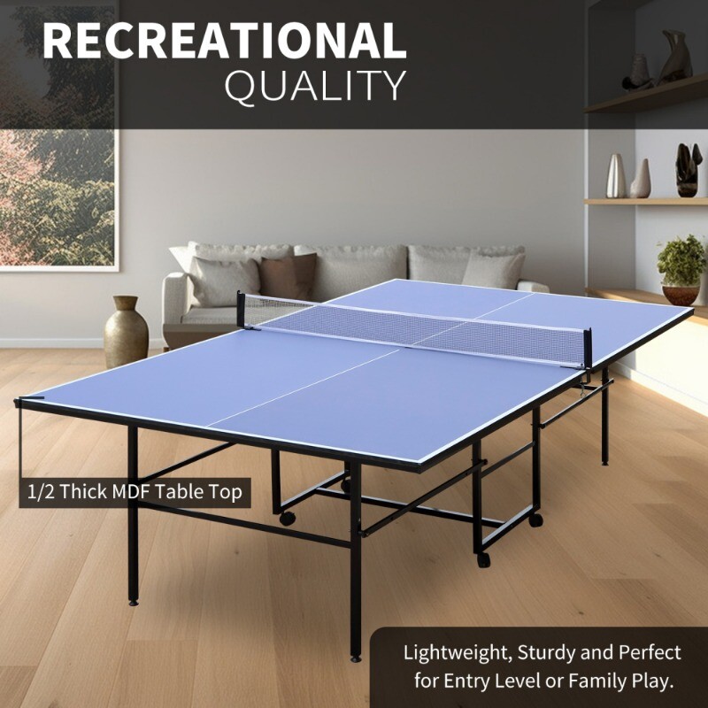 9ft Mid-Size Table Tennis Table Foldable Ping Pong Table Set with Net 2 Paddles