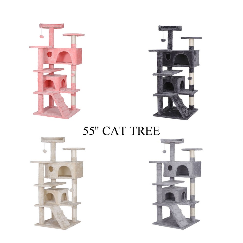 55" Cat Tree Scratching Condo Kitten Activity Tower Light/Deep Gray/Beige/Pink