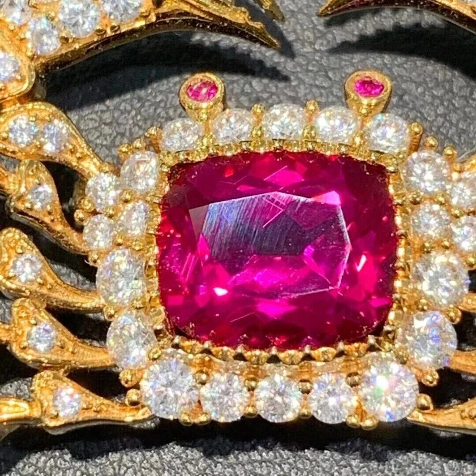 4Ct Cushion Cut Simulated Pink Ruby Crab Shape Brooch Pin 14k Yellow Gold Plated