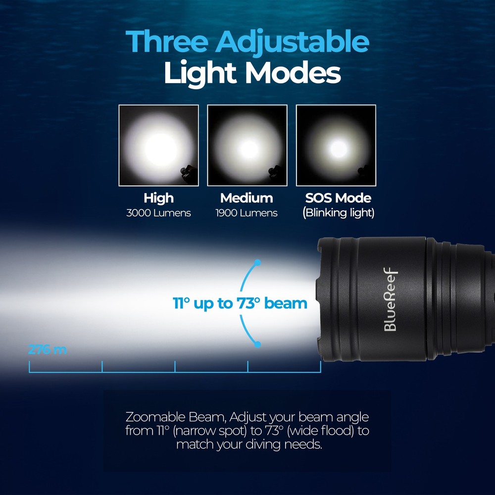 Blue Reef 3000 Lumens Zoomable Dive Light
