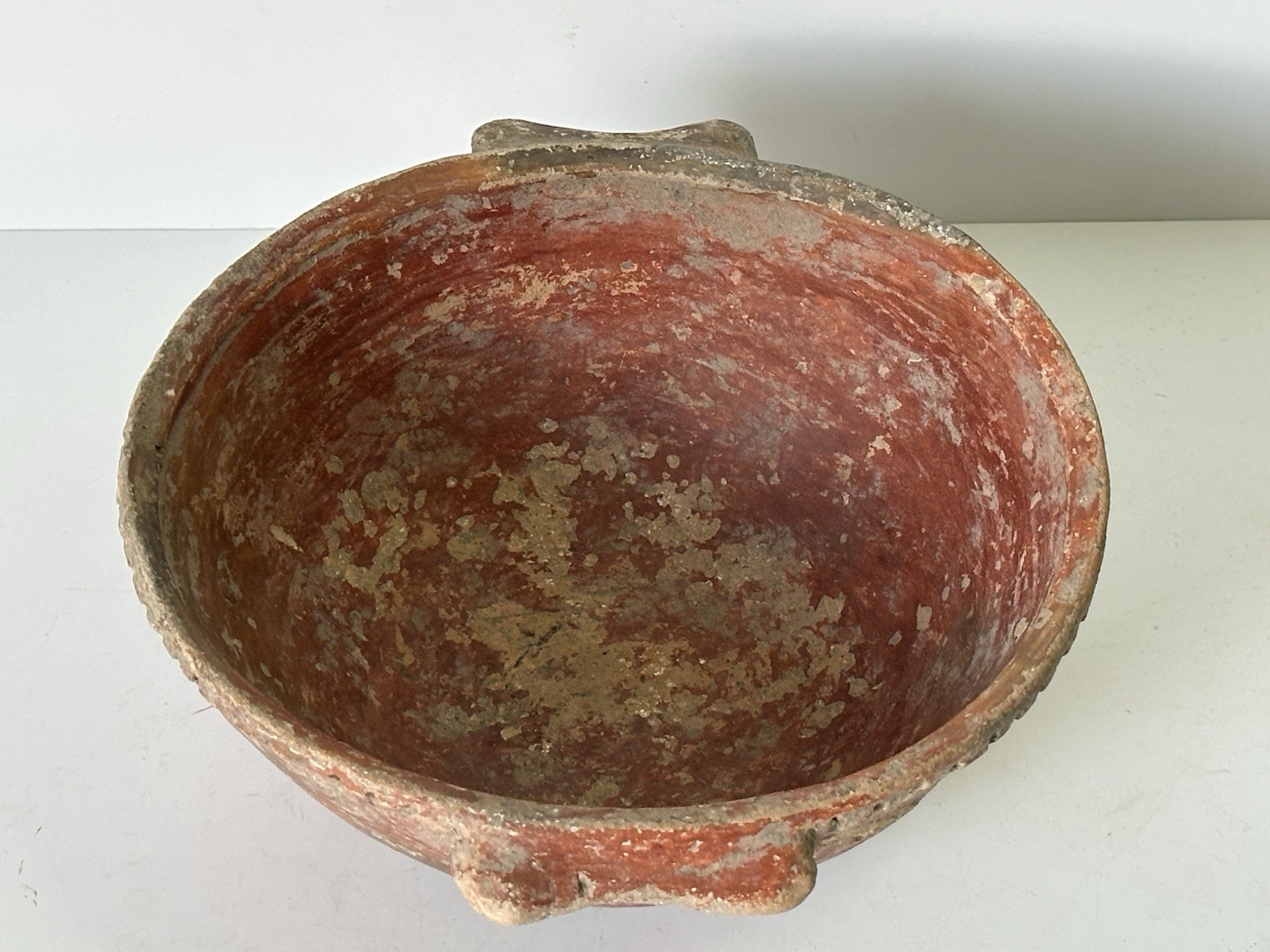 COLORFUL RED QUAPAW POTTERY HANDLED PIE CRUST BOWL ARKANSAS MISSISSIPPIAN JAR
