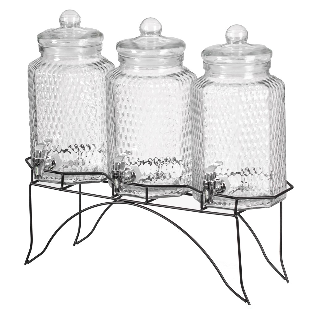 3-Piece Glass Drink Dispenser Set with Metal Stand & Stainless Steel Spigot