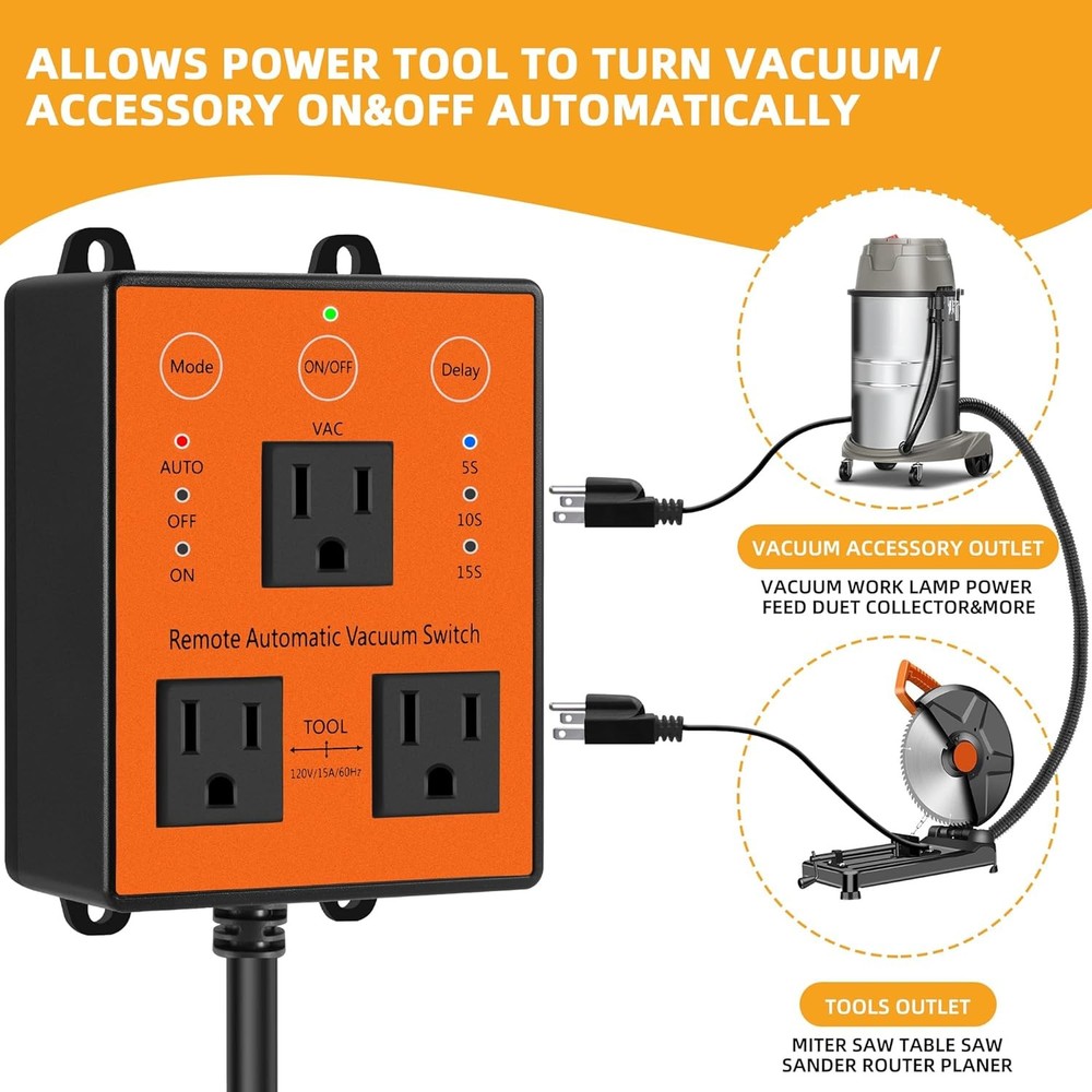Remote Automatic Vacuum Switch, 120V/15A Power Tool Dust Control,