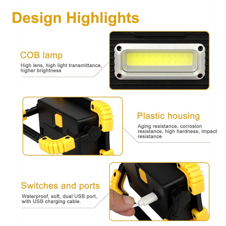 2Pcs LED+COB Work Light USB Rechargeable Spotlight Floodlight Camping Emergency