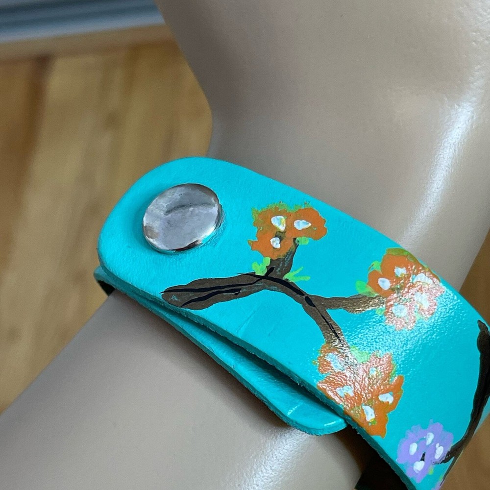 Hand painted leather adjustable bracelet cherry blossoms