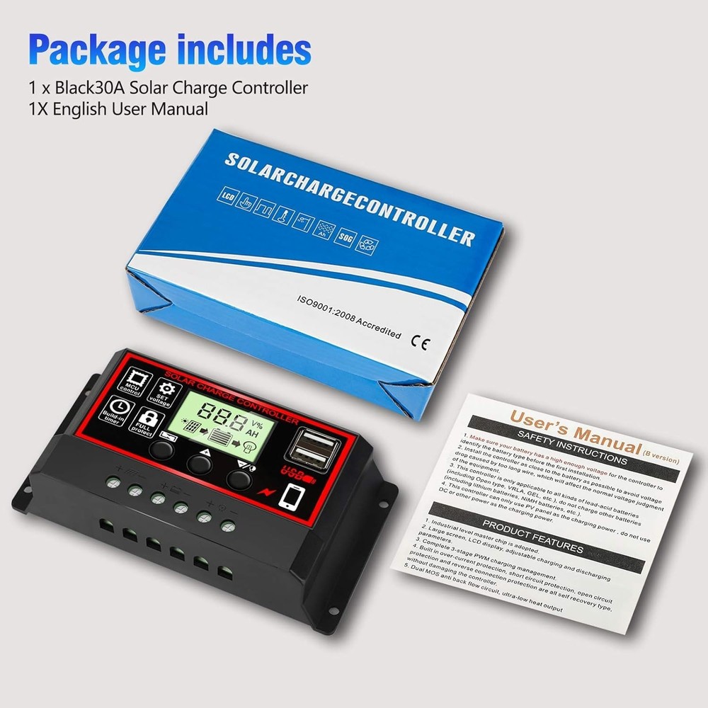 Versatile 30A Solar Charge Controller with User-Friendly LCD & Dual USB Power
