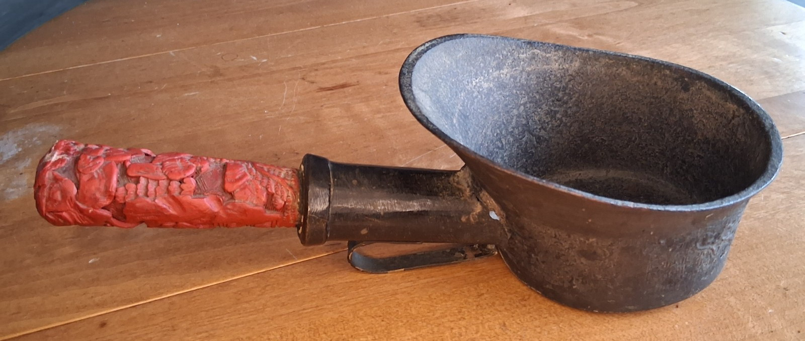 Antique 12" Big Chinese Bronze Silk Iron w/ Carved Cinnabar Handle, Hole Shown