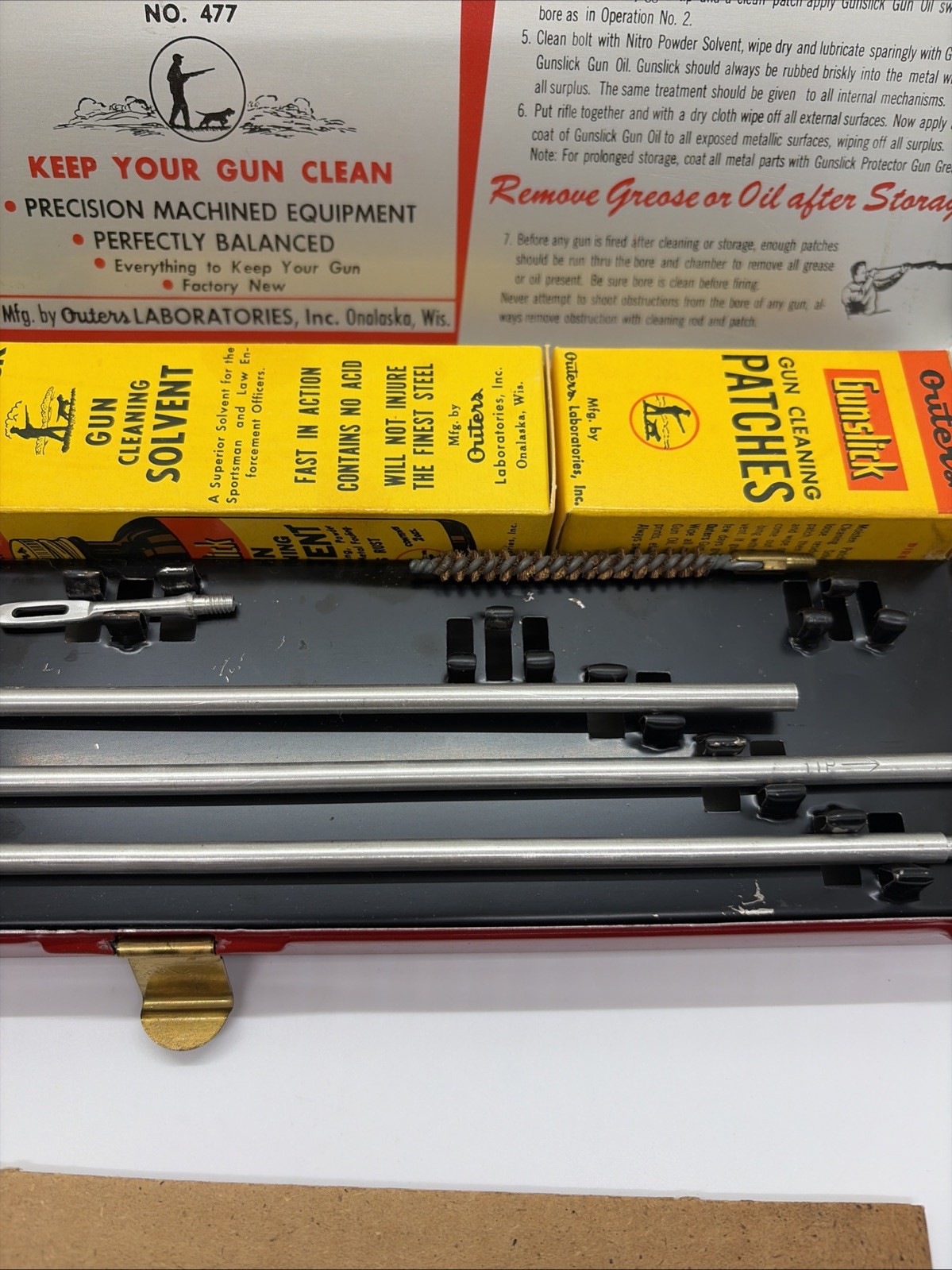 VTG Outers Gunslick No. 477 Rifle Cleaning Kit 22 In Original Box Red Tin (13)