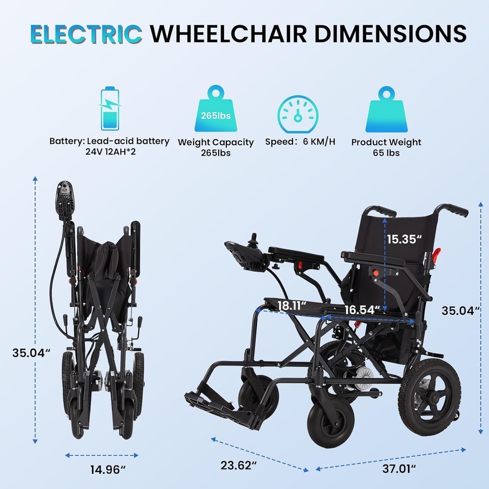 Compact Foldable E-Wheelchair:20-Mile Range|250W Efficient Motor | 12Ah Battery