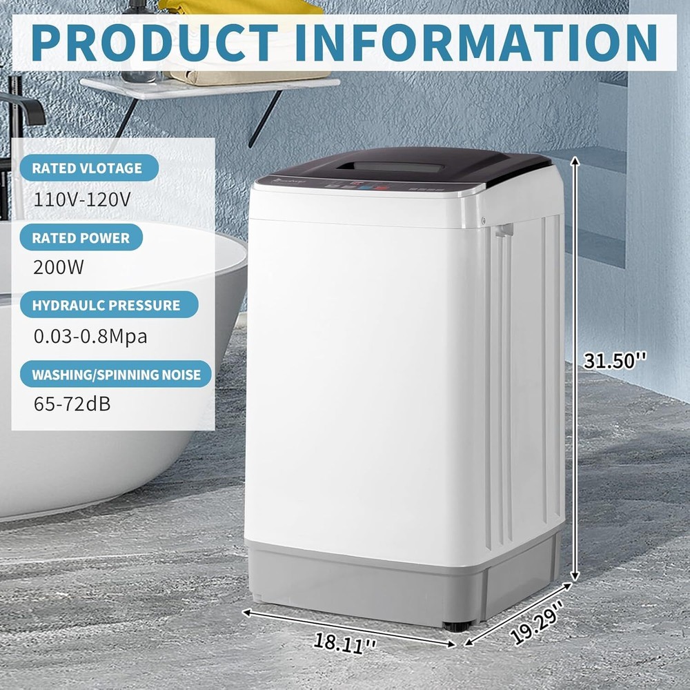 Full Automatic Washing Machine, 17.6Lbs Top Load Portable Washer with Drain Pump