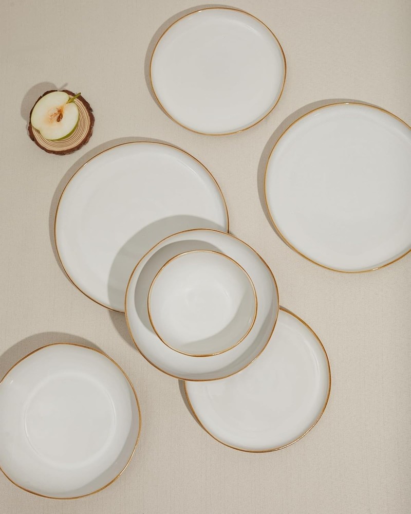 18 Piece White Reactive Glaze Dinnerware Set for 6, Irregular Coastal Shape Ston
